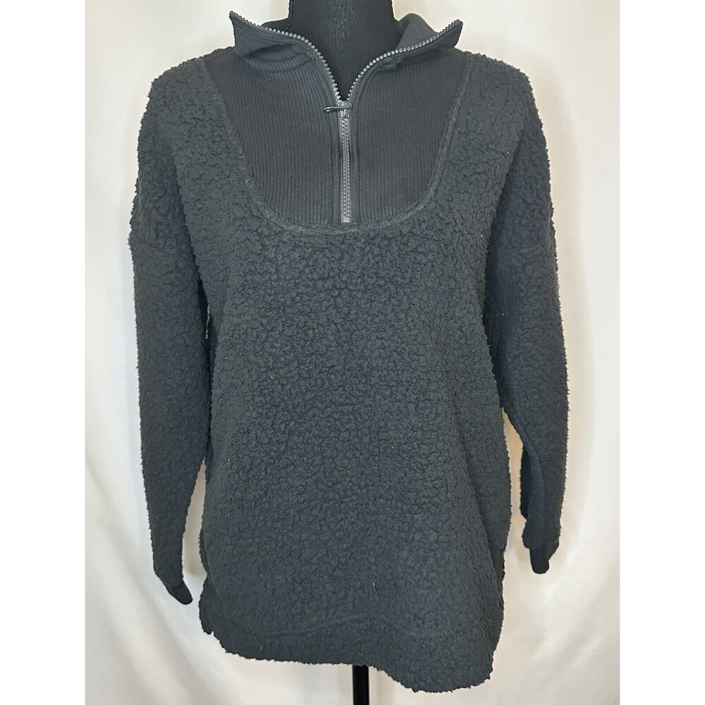 AERIE Oversized Sherpa Quarter Zip Pockets Gray Black Pullover Sweater XS NWT